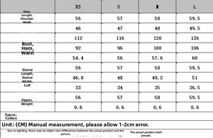 Detailed size chart for the women's cropped high-neck trench coat jacket in cotton