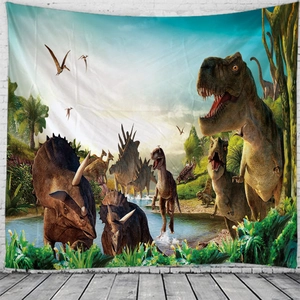 Dinosaur forest wall tapestry featuring T-Rex and Triceratops for kids room decor