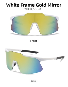Front and side view of white cycling sunglasses with large golden mirror lenses