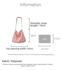 Detailed size guide and specifications for blue plaid canvas shoulder bag with dimensions
