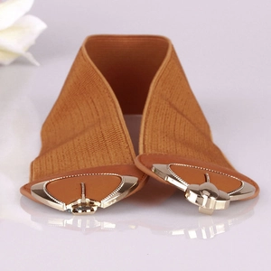 Wide elastic waist belt for women with brown faux leather and golden metal buckle clasp