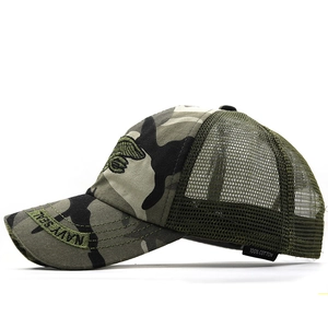 Detail of military tactical trucker hat with Navy Seal embroidery and breathable mesh