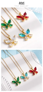 Detail of elegant gold butterfly pendant necklaces with vibrant zircon stones in four colors