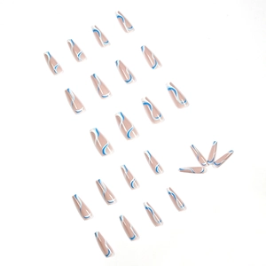 Blue and white wave art long coffin press-on nails with 24 piece set on white background