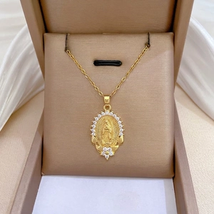 Virgin Mary Pendant Necklace Gold Plated Stainless Steel Chain Copper Micro Inlaid Zirconia Religious Jewelry For Women