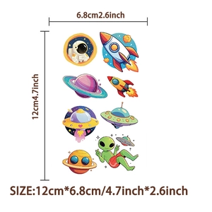 Detailed size specifications for cartoon astronaut tattoo stickers measuring 12cm by 6.8cm