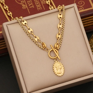 Double-layer gold stainless steel necklace with relief portrait pendant and OT clasp