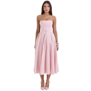 Elegant pink strapless midi dress with corset bodice and voluminous pleated skirt