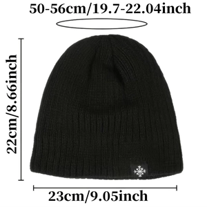 Detailed size chart for black knit beanie with height, width, and circumference measurements