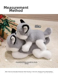 Realistic Husky plush toy in 30cm and 40cm sizes shown in a cozy festive gift setting