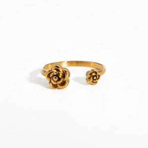 Close-up of golden rose flower ring showing double floral design and open band