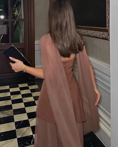 Rear view of brown backless dress with elegant chiffon cape sleeves in a vintage hallway