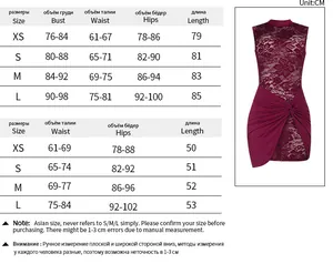 Detailed size chart for lace bodycon mini dress with XS to L measurements in centimeters