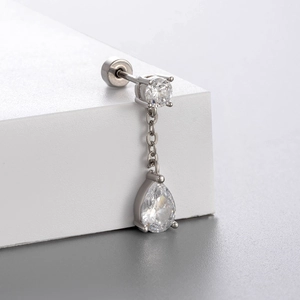 Titanium steel stud earring featuring heart flower motifs and clear cubic zirconia teardrop charm