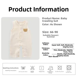 Macro detail of breathable cotton muslin baby romper with cute 3D bear embroidery