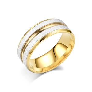 Two-tone titanium steel ring featuring silver brushed surface and golden polished edges