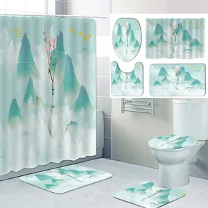 Wasserdichter Polyester Duschvorhang Badematte Toilettendeckelbezug U-Förmiger Teppich Chinesischer Stil Tusche Berg Lotus Zen