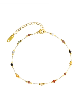 Macro shot of 18K gold chain with colorful natural stone beads and lobster clasp detail