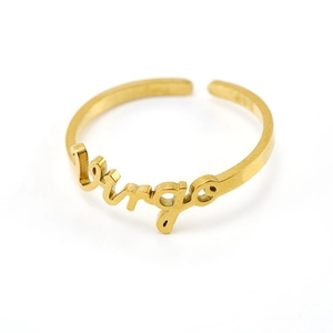 Detailed top view of gold Virgo zodiac letter ring with hollow script design