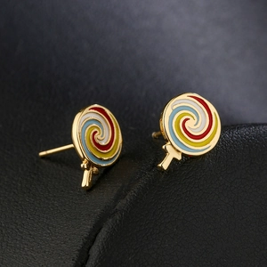 18K gold plated lollipop stud earrings with colorful enamel swirls on black leather