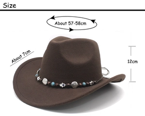 Detailed size dimensions of brown felt cowboy hat with turquoise ethnic beaded band