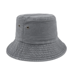 Detail of vintage washed gray cotton bucket hat featuring metal eyelets and reinforced stitching