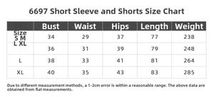 Size guide for yoga bodysuit 6697 showing chest, waist, and hip measurements S to XL