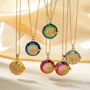 Stainless Steel Sunburst Compass Pendant Necklace For Women Colorful Gradient Crystal Look Zirconia Inlaid Fashion Jewelry