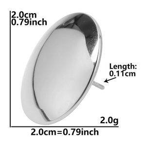 Polished stainless steel oval stud earring detail showing 2.0cm size and post dimensions
