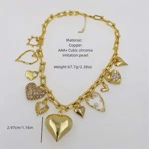 Chunky 18k gold plated heart necklace with pavé cubic zirconia and white pearls