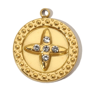 Detail view of a round gold stainless steel pendant with five clear rhinestones and embossed dots