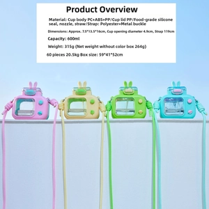 Detail of 600ml camera shaped kids water bottle with adjustable strap and colorful design