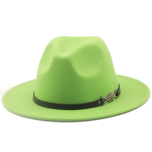 Detail of neon green fedora hat featuring black leather band and silver metal buckle