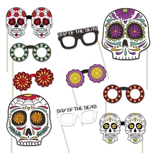 Day Of The Dead Photo Booth Props Sugar Skull Masks Fancy Glasses Colorful Printed Paper Handheld Stick Party Decorations Accessories