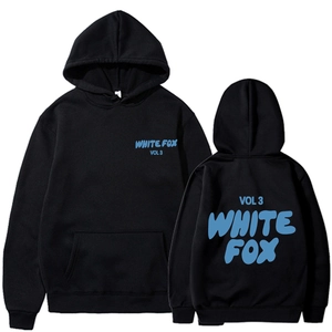Front and back view of black White Fox hoodie featuring blue printed logo details