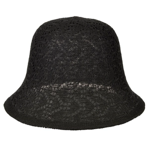 Detail of black woven crochet bucket hat showing the breathable hollow lace pattern