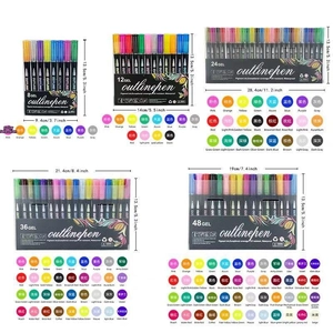 Detailed chart showing 8 to 48 pack double line outline pens with color swatches