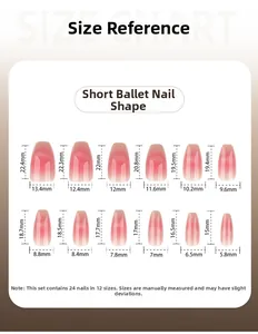 Guide des tailles pour 24 faux ongles courts coffin avec 12 dimensions précises en mm