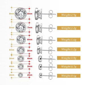 Size comparison of S925 sterling silver stud earrings showing seven different diameters