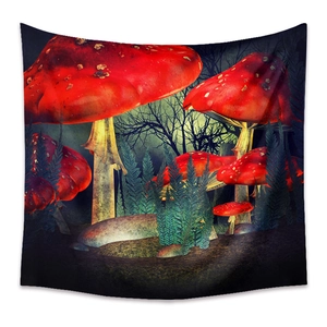 Close-up of Bohemian tapestry showing detailed mushroom and forest scenery print