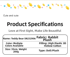Specifications for 35cm teddy bear plush featuring rabbit fur-like fabric and hollow cotton