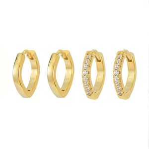 Set of 4 gold geometric square hoop earrings with polished and zircon inlaid finishes