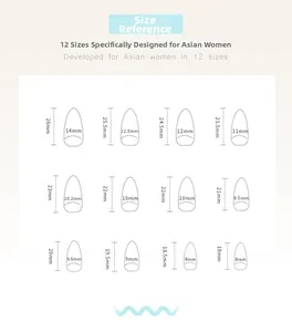 Size chart showing 12 different dimensions for long oval press-on nails in mm