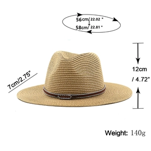 Classic straw fedora hat with patterned band and size dimensions in white background