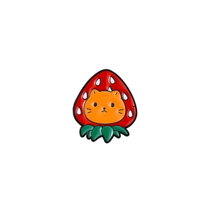 Cute black cat enamel pin with creative strawberry cartoon design and glossy metal finish