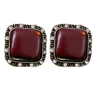 Retro square earrings in deep red with gold crystal borders on a white background