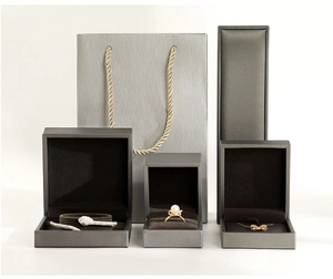 Grey brushed PU leather jewelry box set including necklace box and matching paper bag