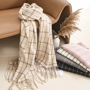 Classic Plaid Tassel Scarf For Women Men Winter Warm Soft Polyester Checkered Shawl Wrap Vintage Maillard Style Scarf