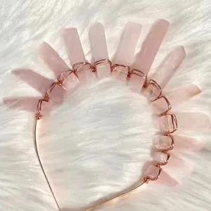 Luxurious pink crystal crown headband with raw stone crystals on a rose gold wire