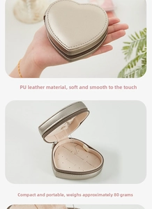 Macro detail of champagne PU leather heart jewelry box with zipper and ring slots